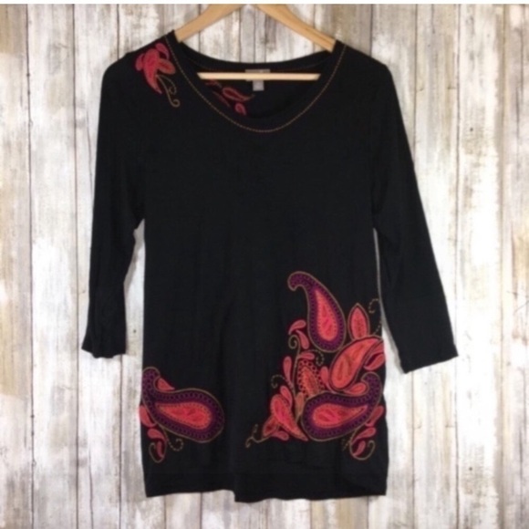 J. Jill Tops - J. Jill Black Embroidered Paisley 3/4 Sleeve Blouse